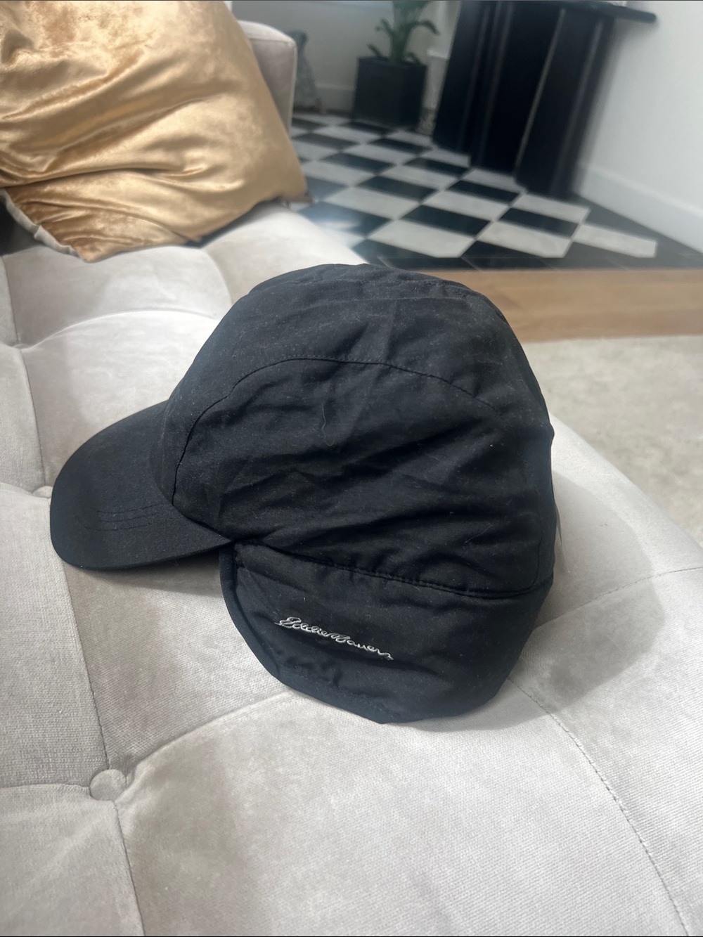 Eddie Bauer - Black Quilted Earflap Cap with Script Logo